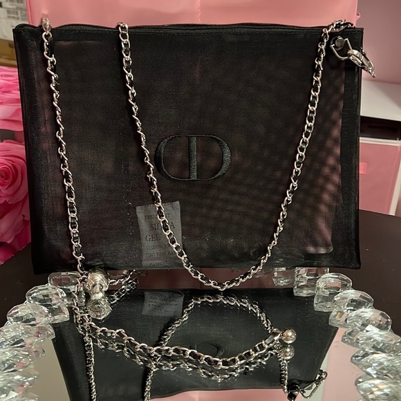 🖤🩶🖤Dior Mesh Pouch with Silver/Black Adjustable Chain Attached 11x8 - Picture 3 of 14